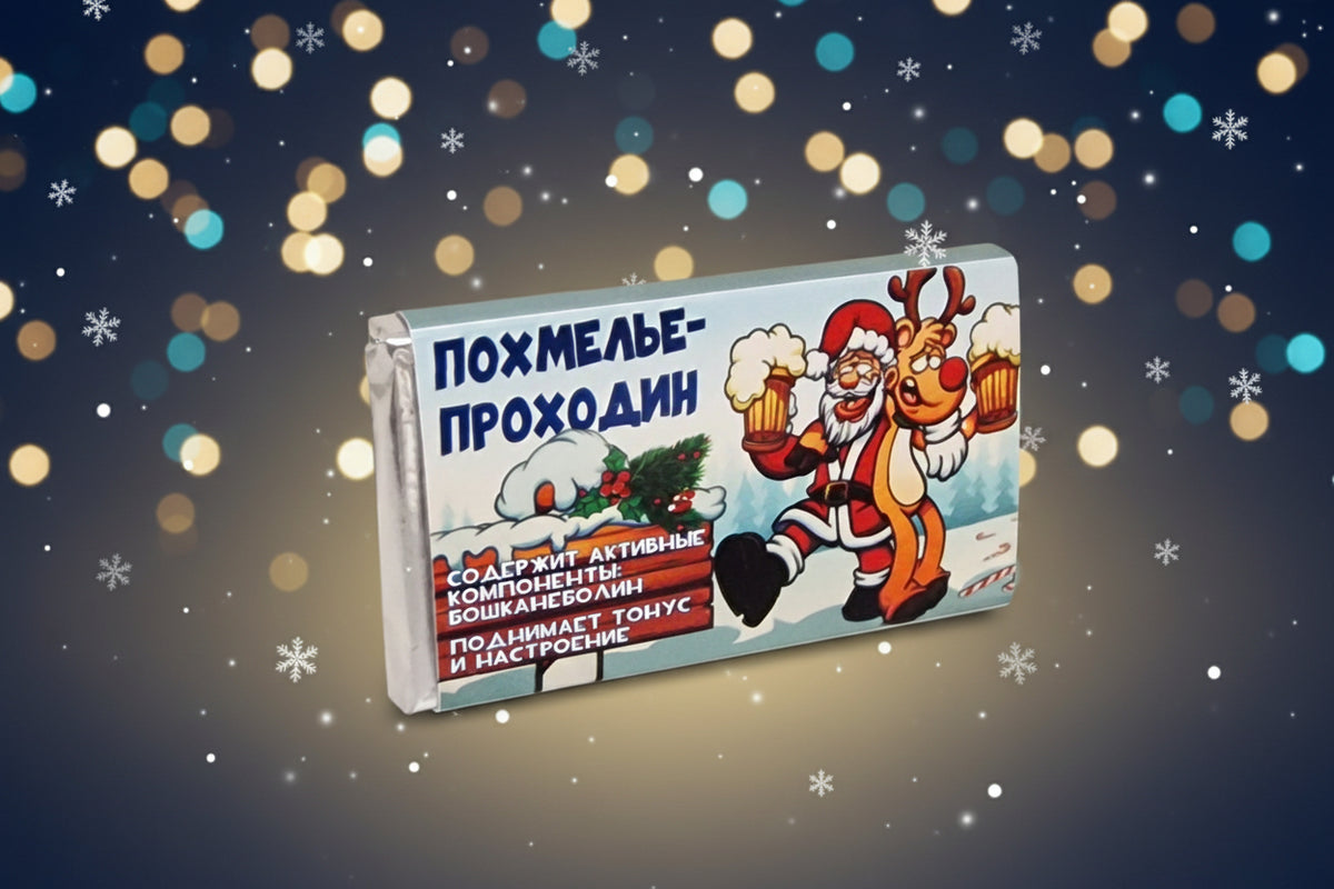 Шоколад ПОХМЕЛЬЕ-ПРОХОДИН — Санта и олень с пивом, новогодняя упаковка