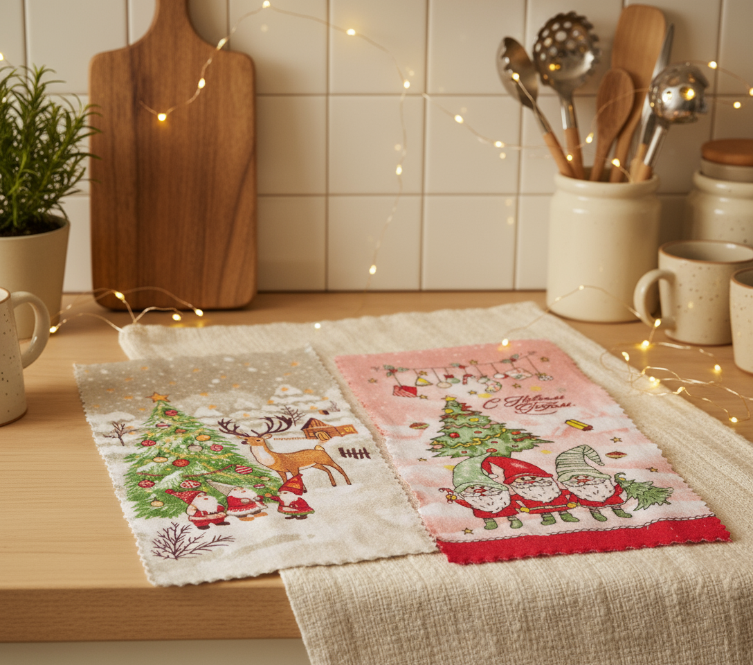 Кухонные полотенца из микрофибры с новогодним рисунком