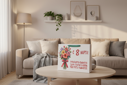 Горизонтальный подарочный пакет к 8 марта