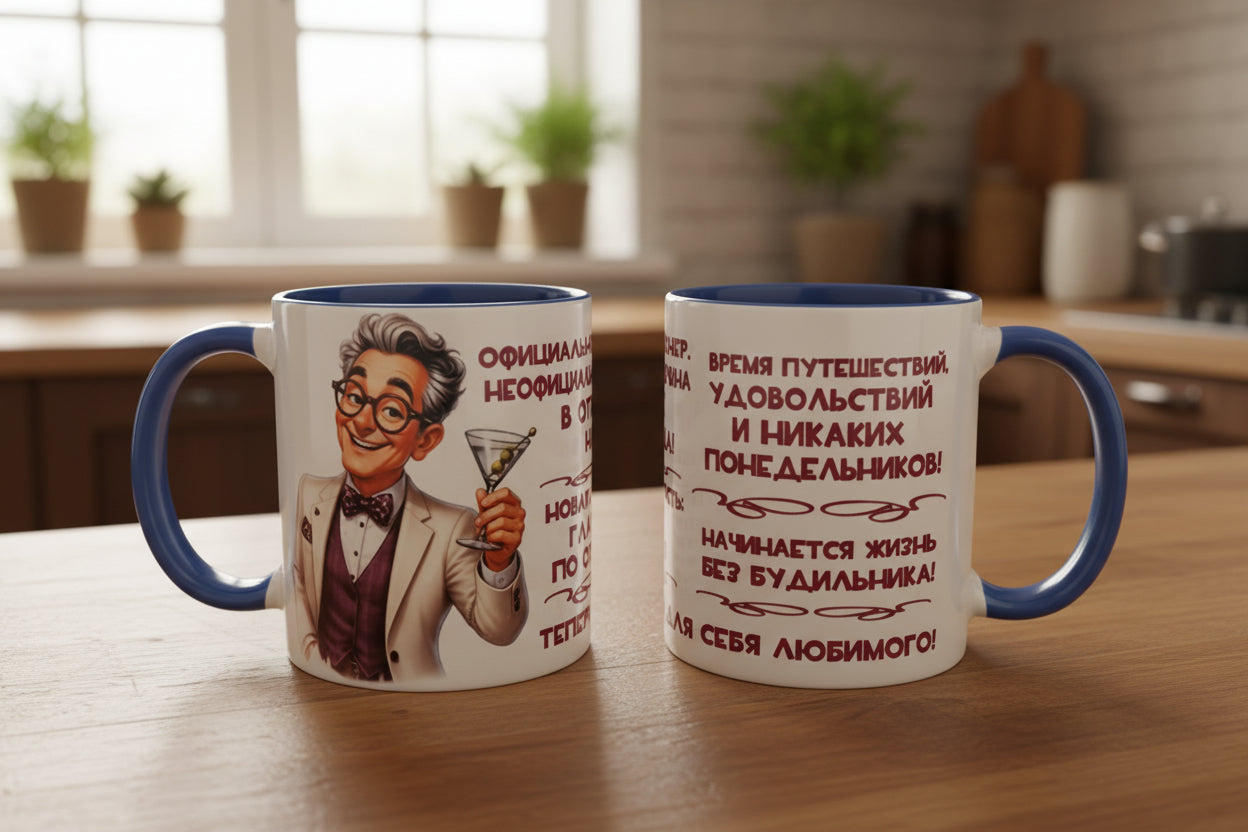 Кружка «Официально пенсионер» с синей ручкой — вид спереди и сзади