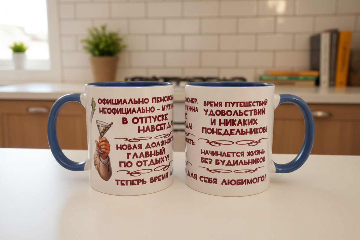 Кружка «Официально пенсионер» — крупный план текста