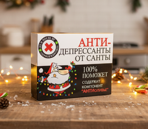 Коробка Анти-депрессанты от Санты — аптечный дизайн, вид спереди