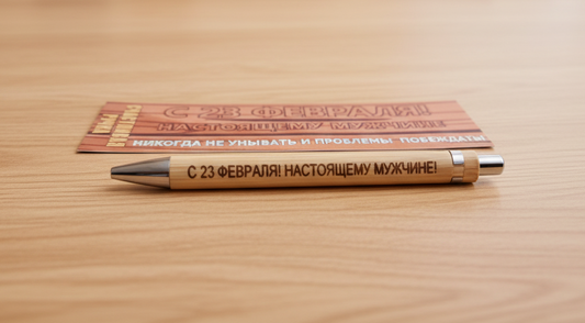 Деревянная ручка с гравировкой "С 23 февраля! Настоящему мужчине!"