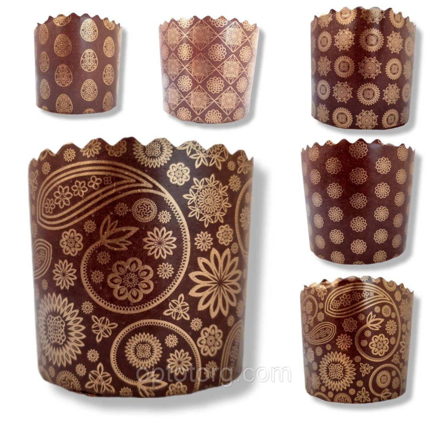 Бумажные формы для выпечки пасхального кулича, коричневые с орнаментом. Микс. 10 шт.