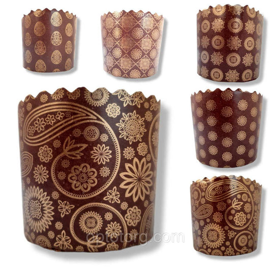 Бумажные формы для выпечки пасхального кулича, коричневые с орнаментом. Микс. 10 шт.